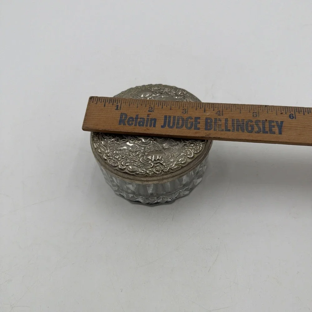 Vintage Vanity Powder Dresser Jar Round Glass Silver Plated Jewelry Trinket Box
